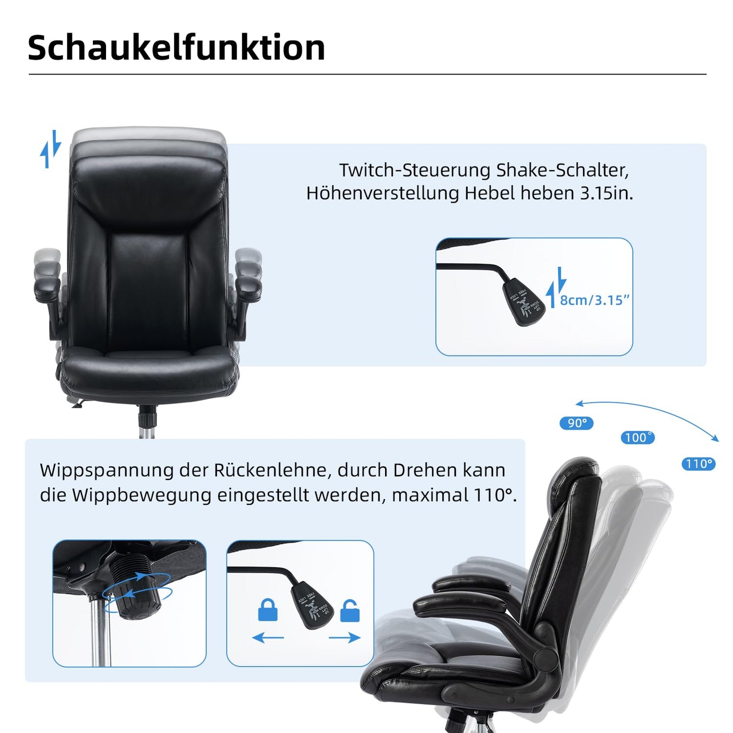 MZLEE Office Chair Ergonomic Desk Chair PU Leather Swivel Chair with Foldable Armrest, Height Adjustable, Comfortable for Office Home Gaming (Black)