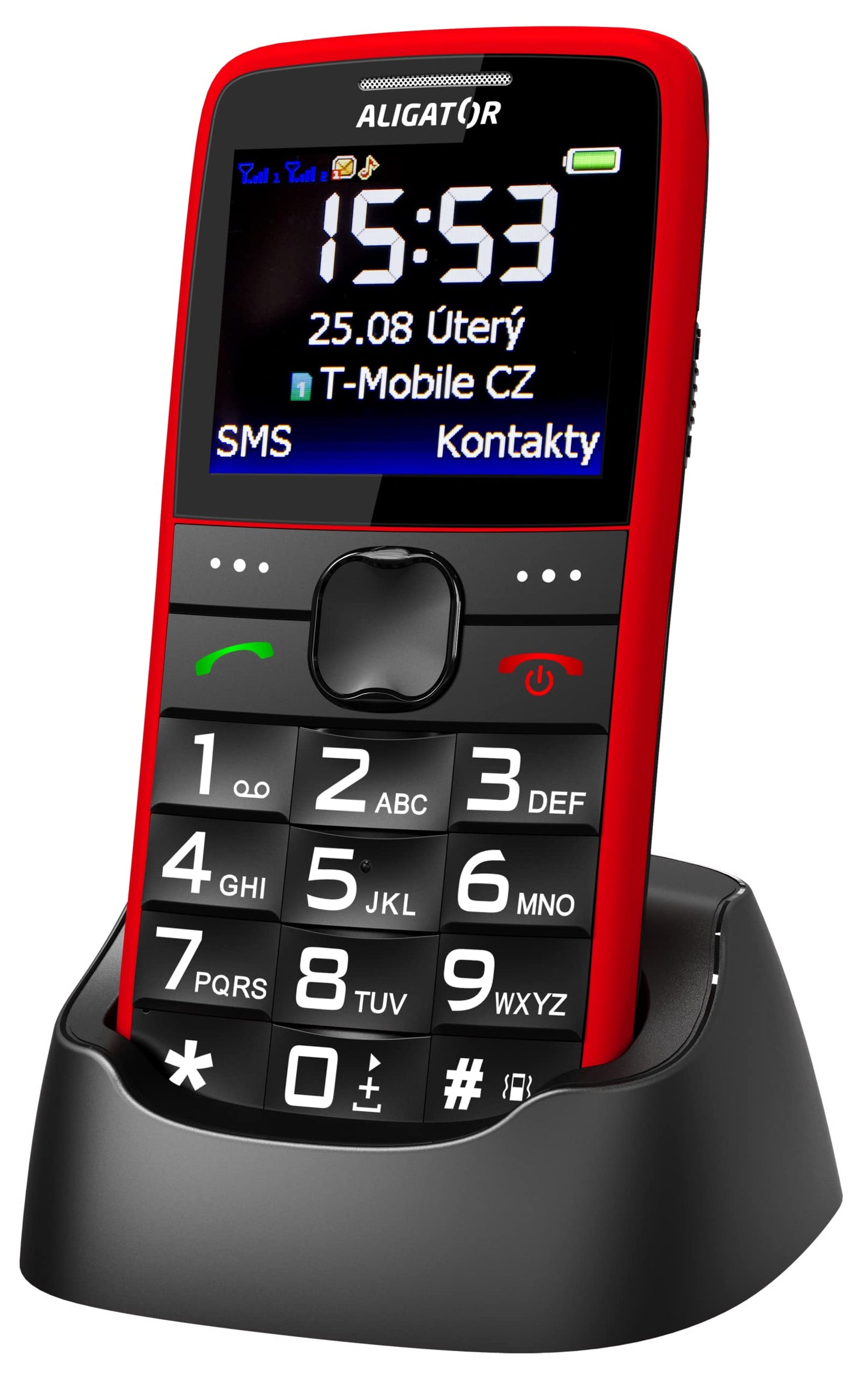 ALLIGATOR senior big button phone AZA675RD with 2.2" color display, SOS button, and location feature, red color.