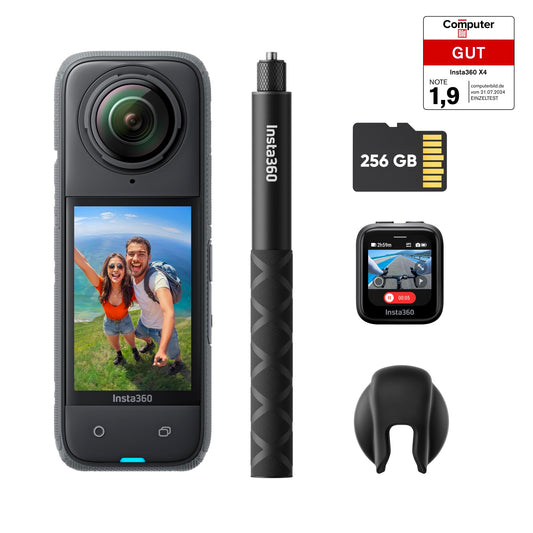 Insta360 X4 GPS Bundle - waterproof 8K 360° action cam, 4K wide angle videos, invisible selfie stick, detachable lens protector, 135 min battery life, AI editing, stabilization.