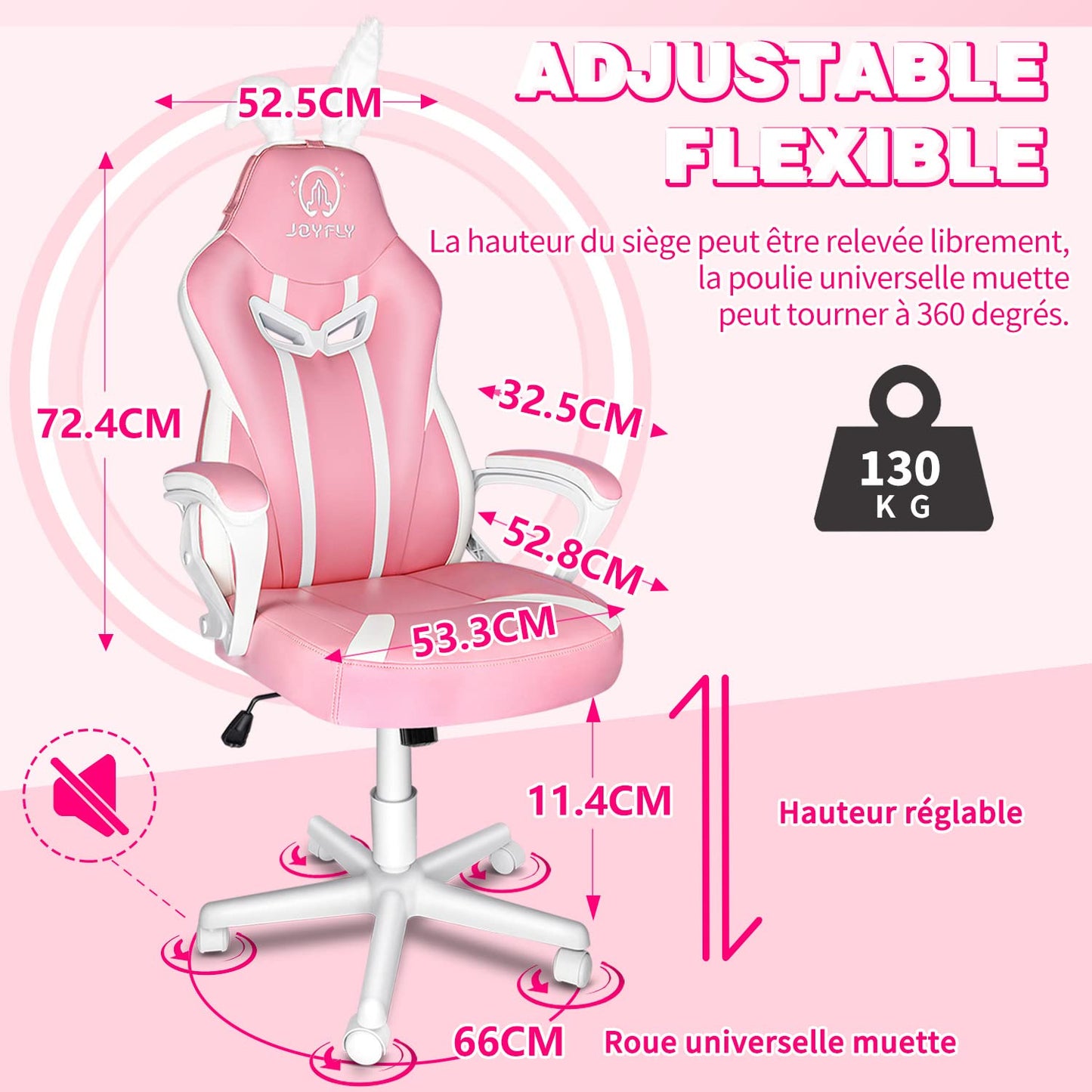 JOYFLY Pink Gaming Chair Office Chair Computer Chair PU Leather Ergonomic Gamer Chairs with cute bunny ears and tail Height Adjustable Lumbar Support (Pink)