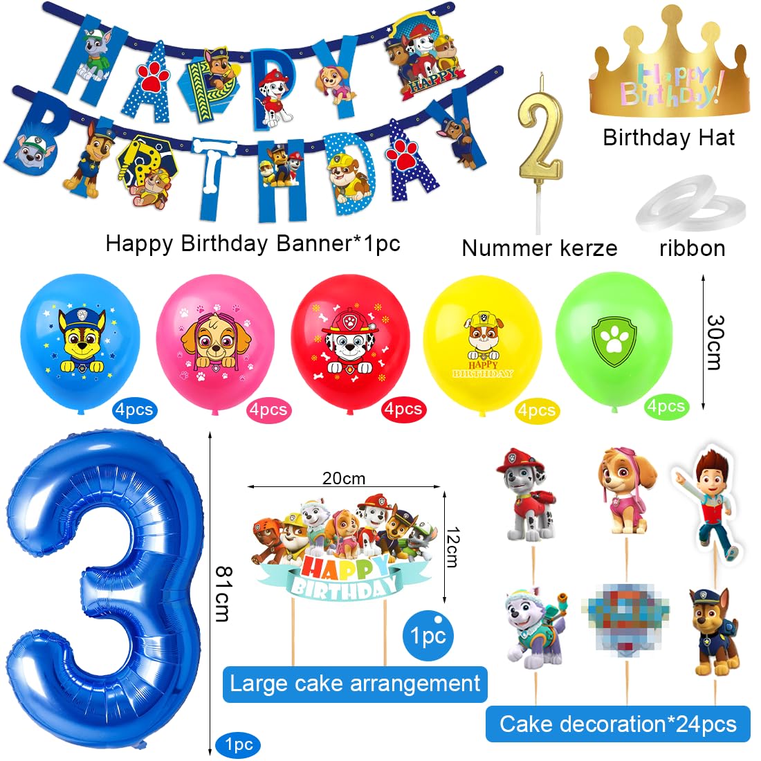 Patrol Birthday Decorations 3 Years, Paw Balloon Kids Birthday Boys Girls, Cartoon Dog Balloons Set, Dog Patrol Blue Balloon 3rd Birthday, Cake Topper for 3 Years Kids Birthday Party Decorations