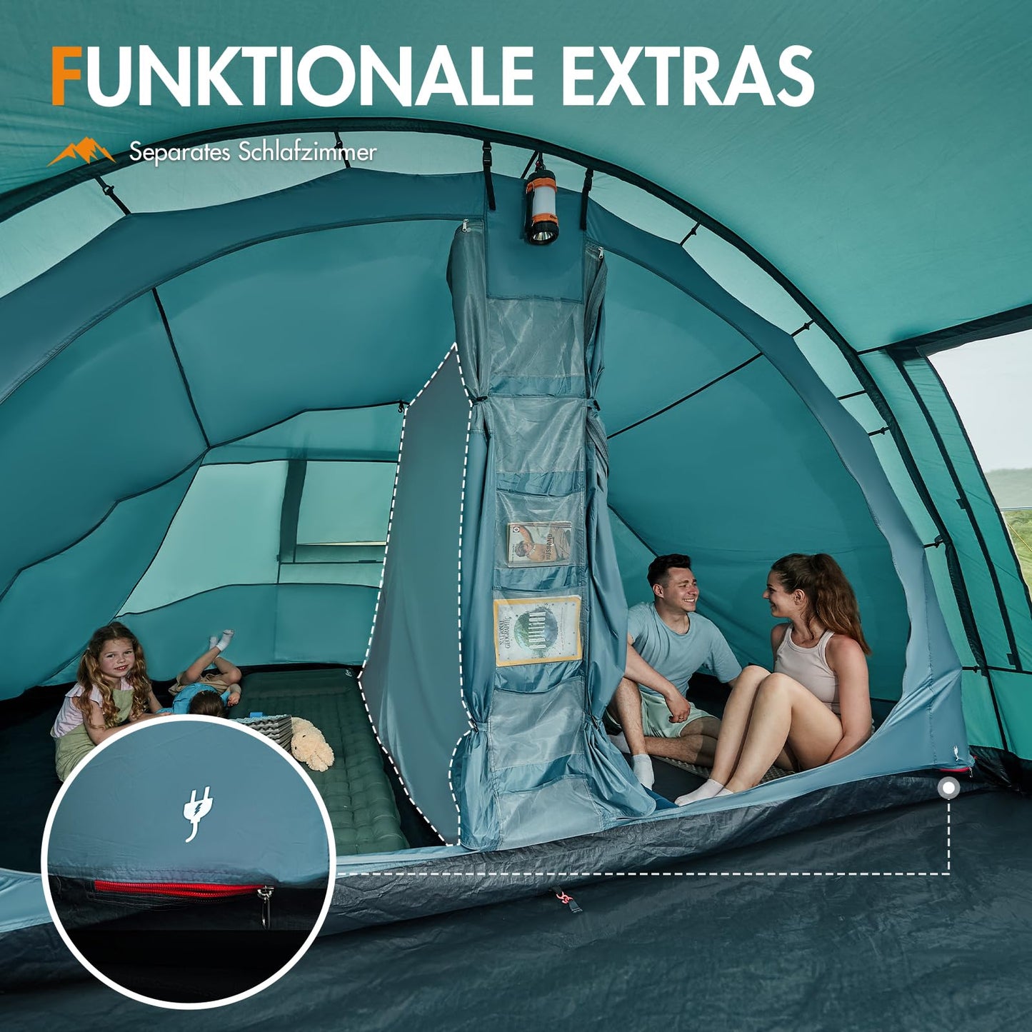 Portal tent for 5-6 people, tunnel design, waterproof 3000mm. Luxury camping tent with 2 sleeping cabins, standing height, vestibule, large floor, ideal for families, groups, camping, travel, trekking, and garden.