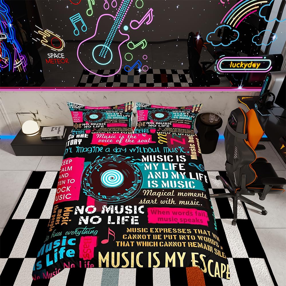 Single bed with duvet cover and 1 pillowcase, musical notes, for kids and adults, music disc, classic, 2-piece