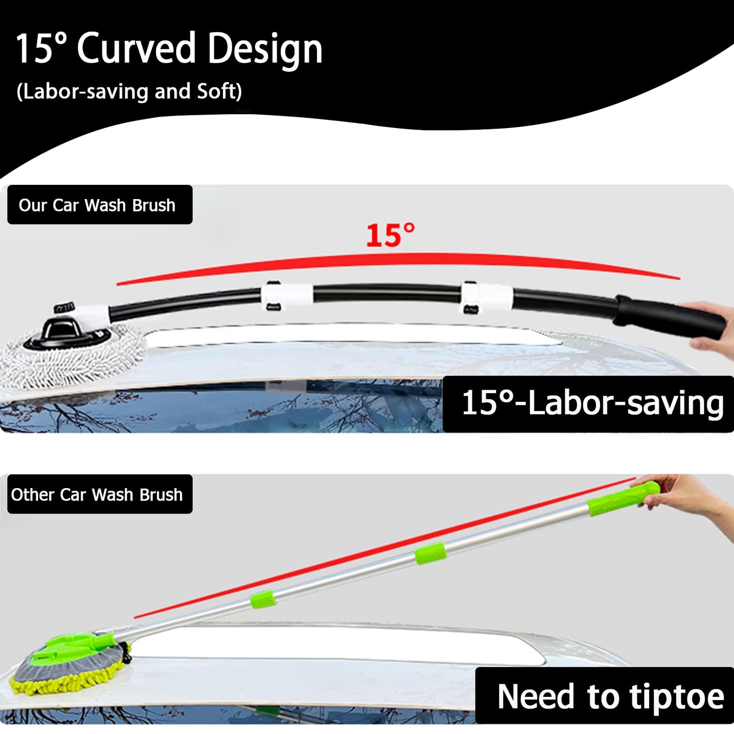 15° Angle Car Wash Brush With Long Handle Telescopic Pole 43" Aluminum Auto Brushes Soft Car Wash Mop Scratch Cleaning Brushes For Truck SUV RV Brush, Wash Brush Motorhome Microfiber Mop