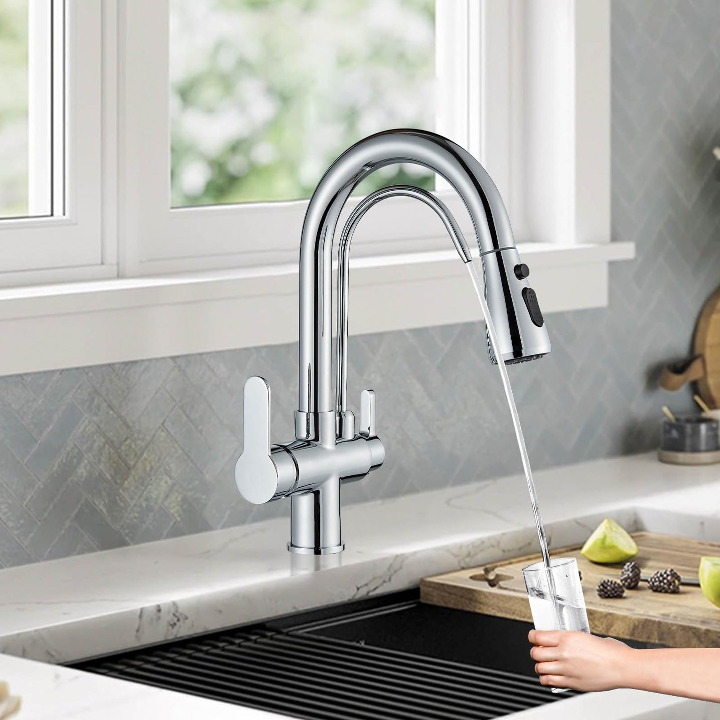 Onyzpily Kitchen Faucet Chrome High Pressure Kitchen Faucet with Pull-Out Sprayer, Pure Water Mixer Tap Sink Faucet 360° Swivel 2 Spray Functions High Arc Stainless Steel