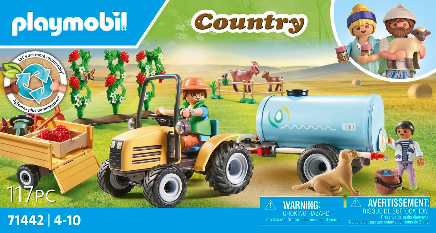 PLAYMOBIL Country 71442 Tractor with Trailer and Water Tank, fresh harvest on the farm, playful learning about the environment, sustainable toy for children ages 4 and up.