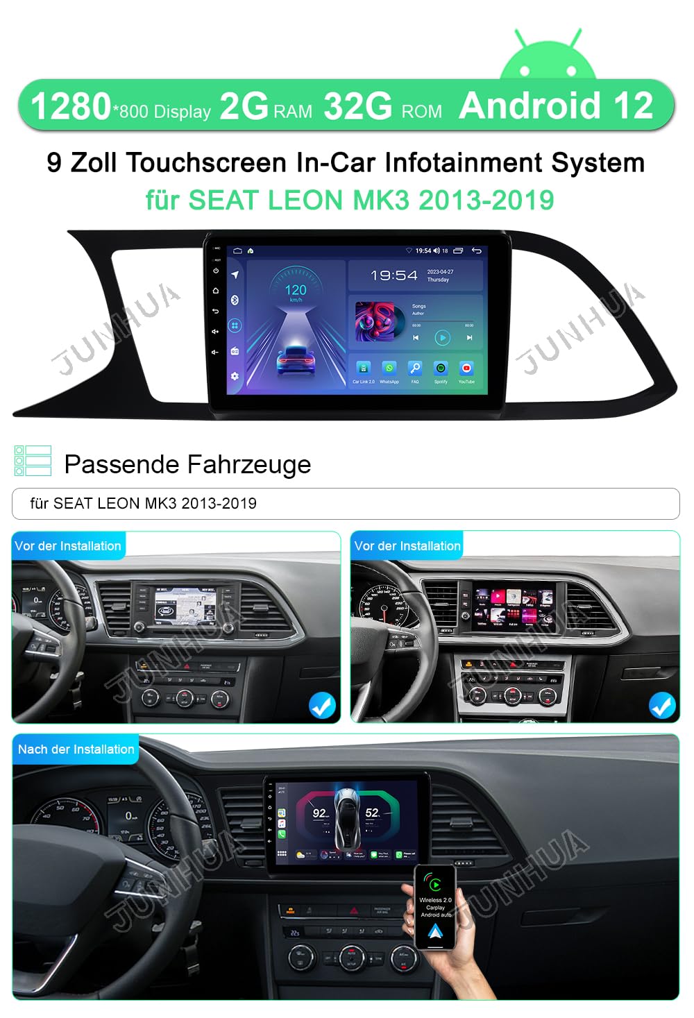 JUNHUA 9" Android 12 car radio with navigation 2G+32G replacement for SEAT Leon MK3 2013-2019, supports Wireless Carplay Android Auto, WiFi Bluetooth 5.1 GPS DSP steering wheel USB.