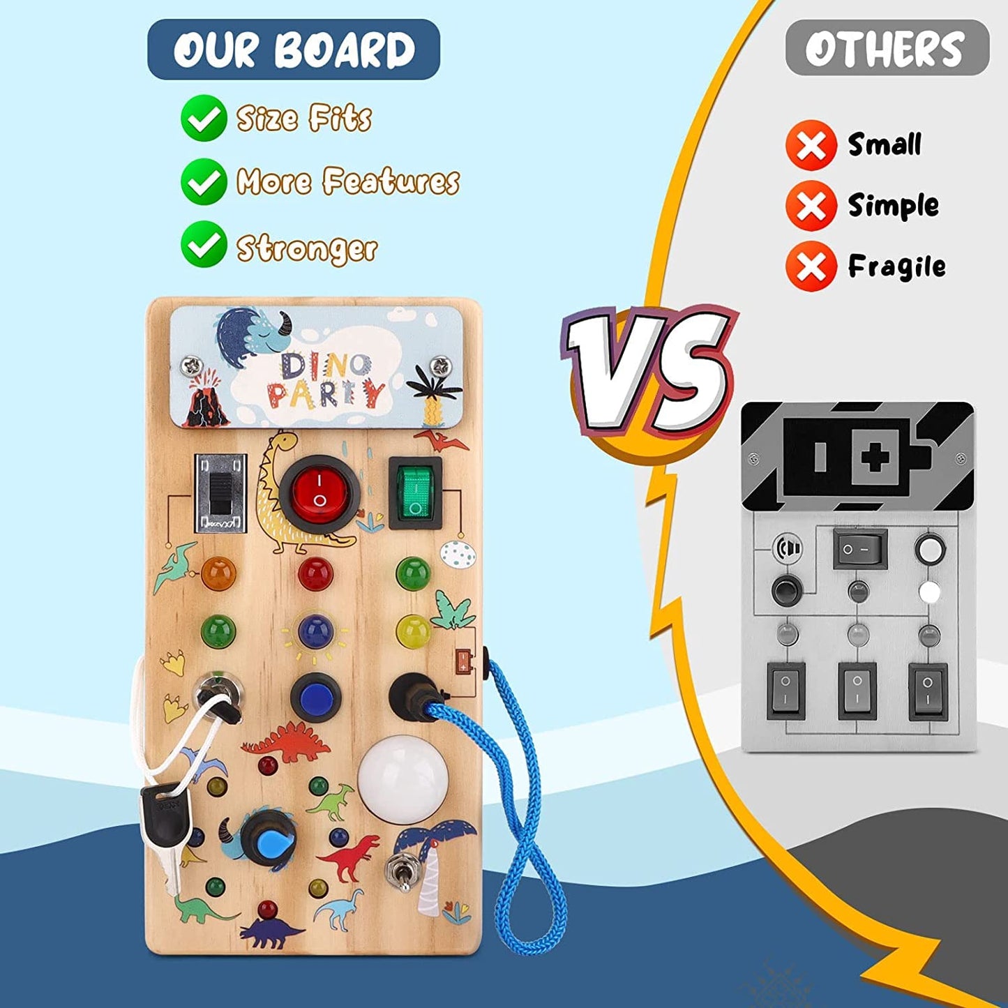 Hello Dinosaur Montessori Busy Board for 1 year old Montessori toy with 8 LED light switch toy Activity Board Wooden toy Motor skills toy Sensory learning toy for babies