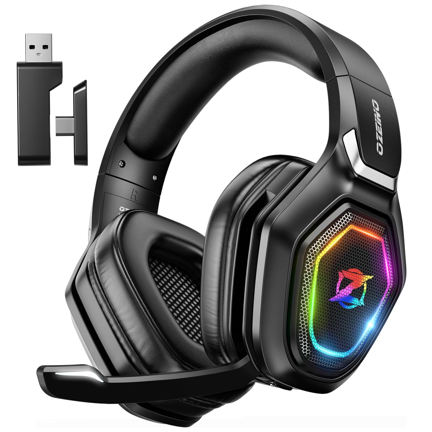 Ocean Wireless Gaming Headset with Microphone, 2.4G & Type-C Transmitter, 30 hour battery life, RGB lighting Gaming Headphones for PS5, PS4, PC, Phone