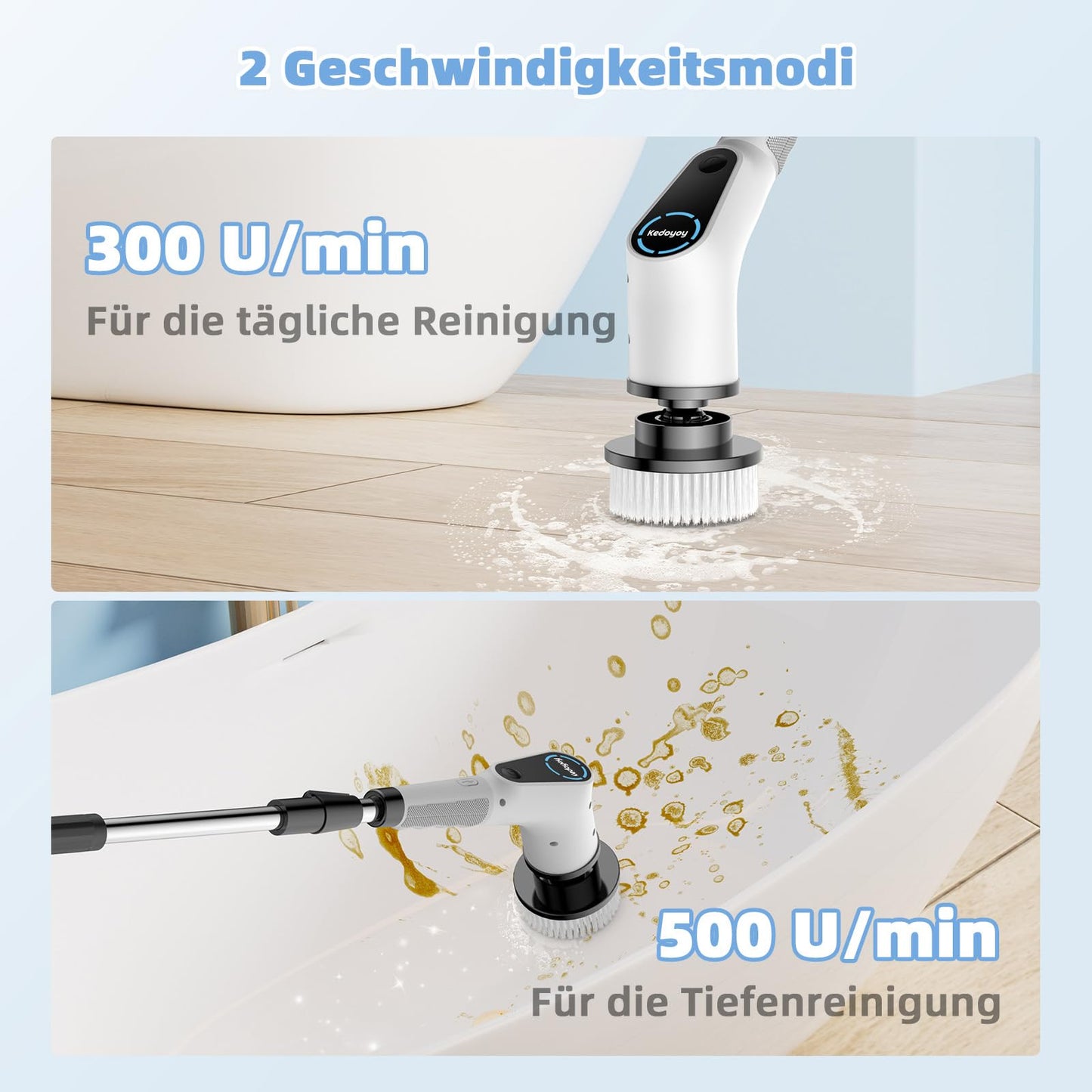 Electric cleaning brush, 8 in 1 with interchangeable brush heads, mop set, adjustable handle for bathroom, kitchen, car, and floors.