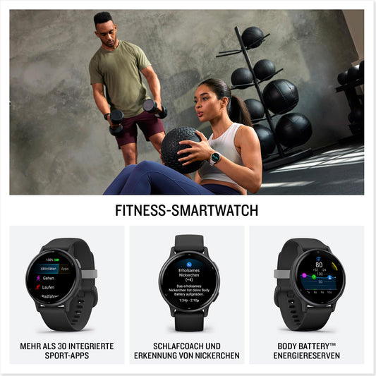 Garmin Vivoactive 5 - GPS smartwatch with 1.2" AMOLED touch display, fitness and health features, and music functions.