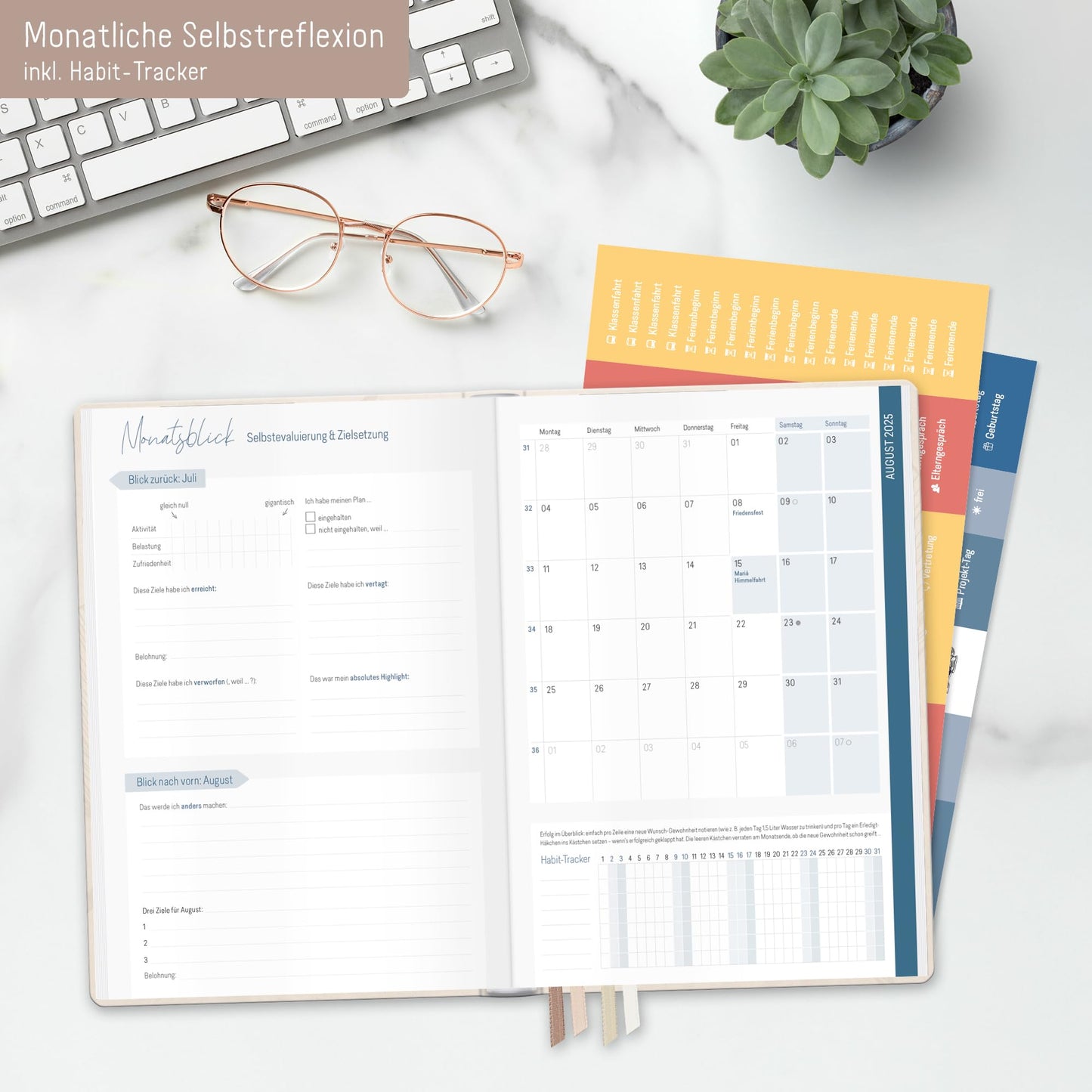 Häfft® Teacher Planner 2025/2026 A5 + "Beige Ginkgo" Hardcover Teacher Calendar/School Year Planner with 236 pages, stickers, and more - sustainable & climate-friendly.