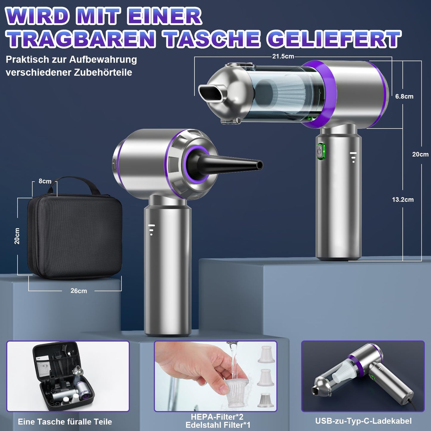 Handheld vacuum cleaner battery, 4-in-1 handheld vacuum cleaner, cordless handheld vacuum cleaner, 22000PA car vacuum cleaner battery winner, 3-speed 200000 RPM mini vacuum cleaner for car, kitchen, PC, sofa, office & pet hair cleaning.
