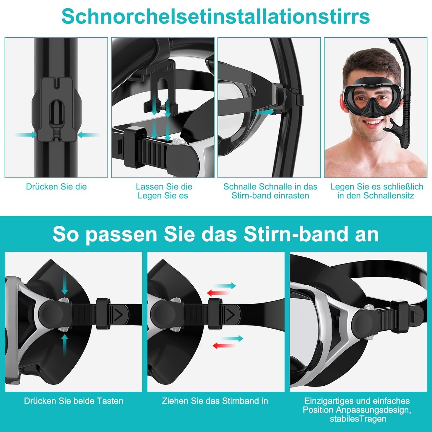 Adult Diving Mask Snorkel Set 180° Panoramic View Leak-proof Anti-leak Swimming Goggles for Diving (Silver-Black-with Snorkel)