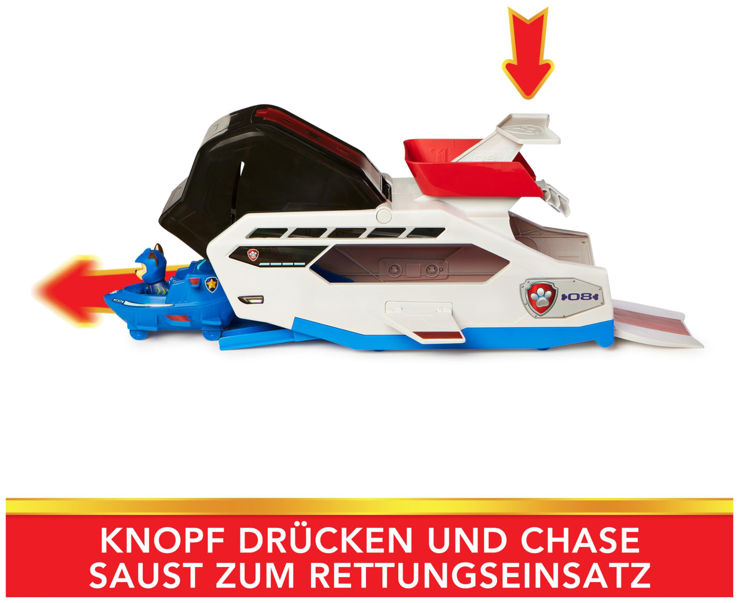 PAW Patrol, Aqua Pups - Whale Patroller, team vehicle featuring Chase's base vehicle and puppy figure, launcher for base vehicle, suitable for children aged 3 years and up.