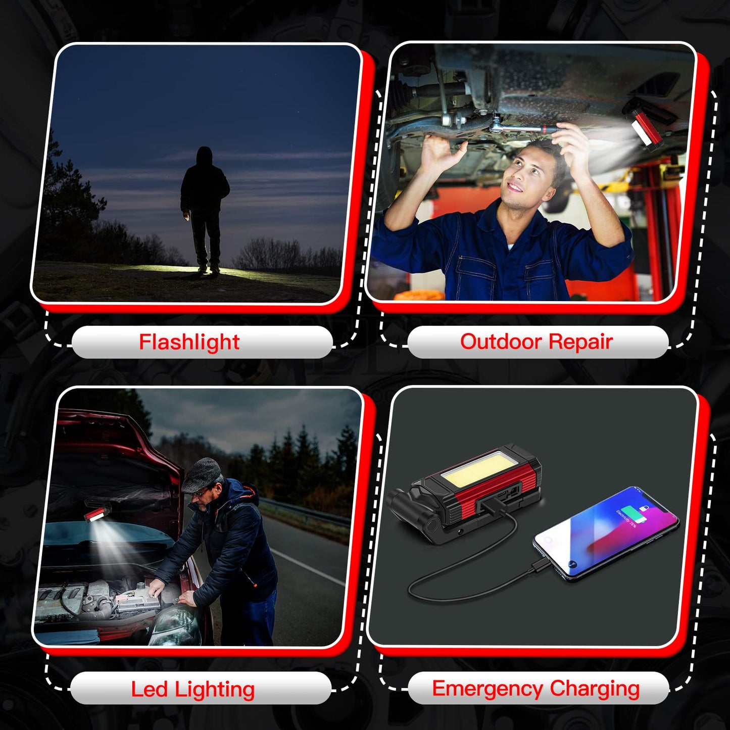 Daphomeu LED Work Light 2 Pack, Ultra Bright COB Work Light & LED Flashlight, Red Emergency Light with Rotatable Magnetic Base, Rechargeable Inspection Lamp for Auto Repairs, Workshop, and Camping.