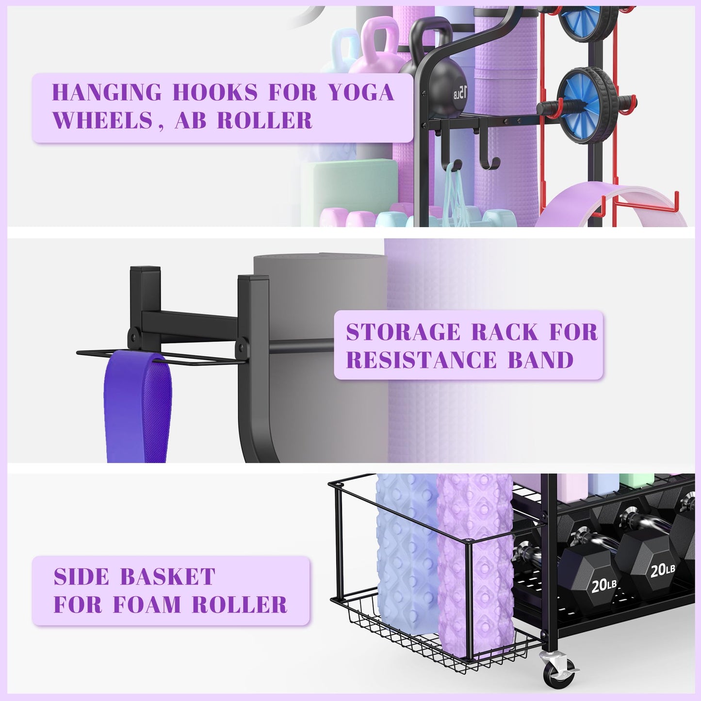 Mythinglogic Yoga Mat Rack, Yoga Mat Organizer for dumbbells, foam roller, kettlebell, and yoga block, home and gym storage shelf sports equipment display rack.