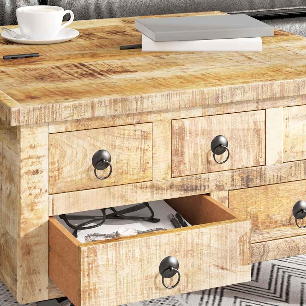vidaXL Rustic Mango Wood Coffee Table with 5 Drawers, 1 Storage Compartment Vintage Side Table Living Room Table Coffee Table Sofa Table 70x70x40cm