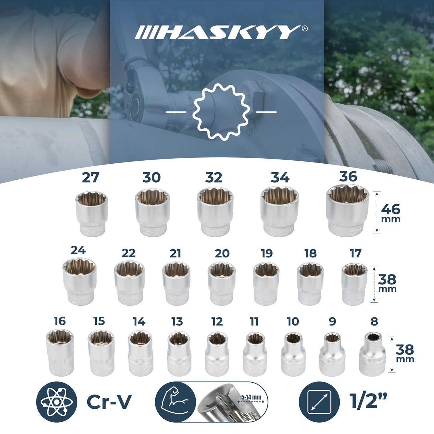 HASKYY Socket Set Multi-tooth XZN 8-36mm Socket Wrench Nut Box Set 6 and 12 Point 1/2" Inch Torx Sockets System 21-piece External Multi-tooth Screwdriver Set