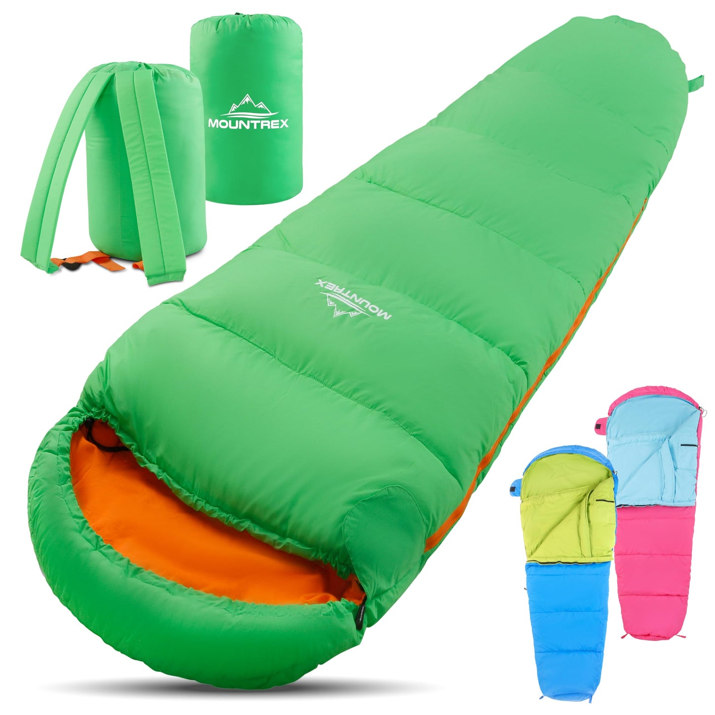 MOUNTREX Kids Sleeping Bag - Portable like a Backpack - Sleeping Bag for Children (175 x 70 x 45 cm) - Outdoor, Travel, Camping - Lightweight & Compact Mummy Sleeping Bag - 100% Cotton Interior.
