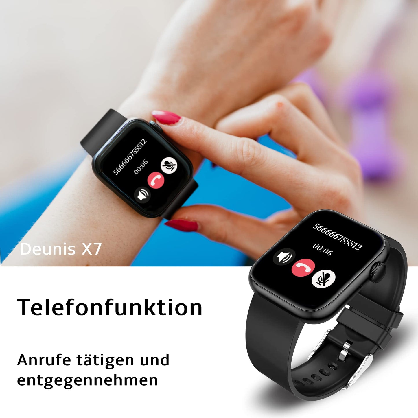 Deunis X7 Smartwatch 1.96 inch for Women Men with phone function and notifications, compatible with Android and iOS, sleep monitor, pedometer, fitness tracker (Black)