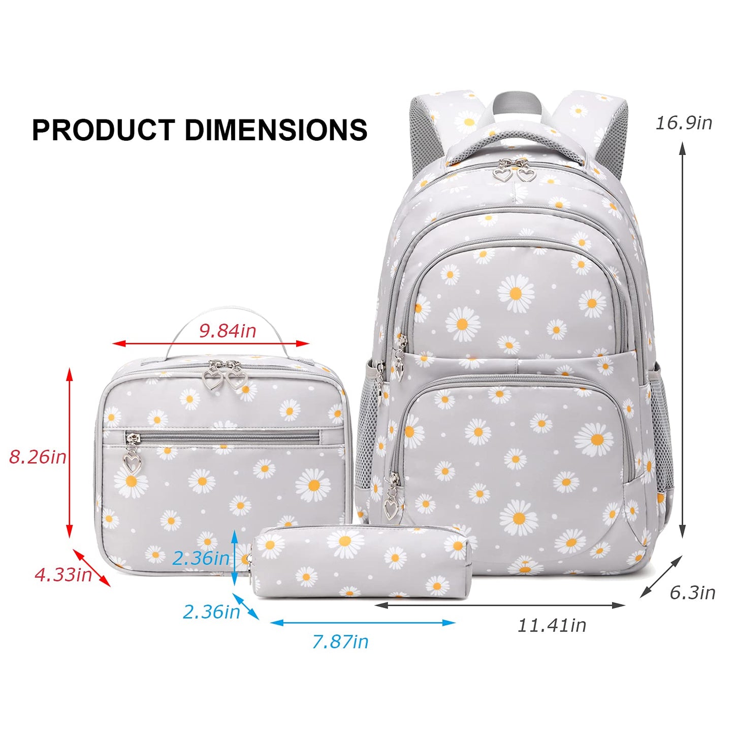 SIVENKE school backpack for girls, teenagers, and women. Daisy design set includes backpack, lunch bag, and pencil case for school and leisure.