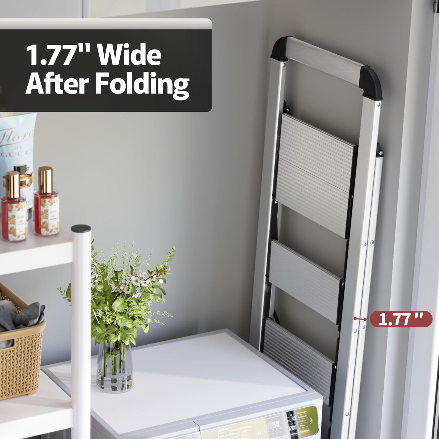 KINGRACK Folding Step Ladder, 5 Steps, with Handrail, Non-Slip Household Ladder, Locking Mechanism, Aluminum Step Stool, Max Load 150 kg.
