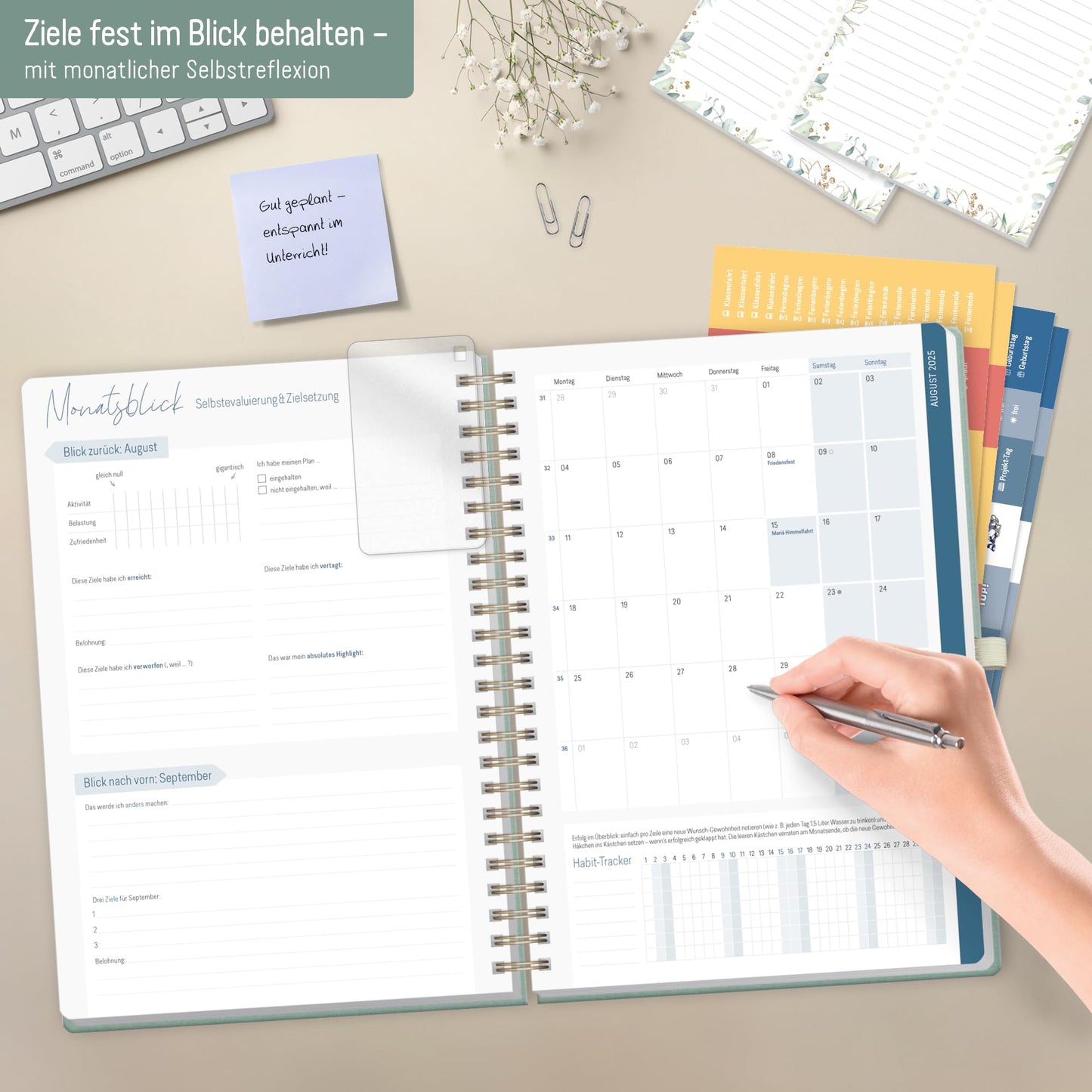 Häfft® Teacher Planner 2025/2026 A4 + Deluxe "Green Canvas" Hardcover Teacher Planner, large school year planner with spiral binding, school planner - sustainable & environmentally friendly.