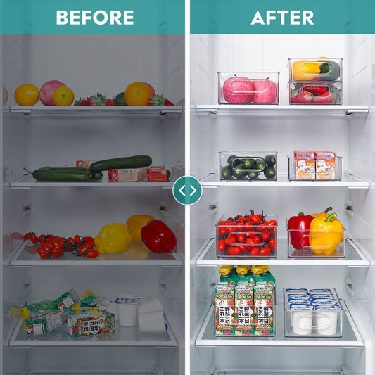 THLEITE Fridge Organizer Stackable 9-Piece Set (3 Sizes), High-Quality Pantry Storage Containers with Handle, Transparent Storage Box, Ideal for Kitchen, Fridge, Cabinets - BPA Free