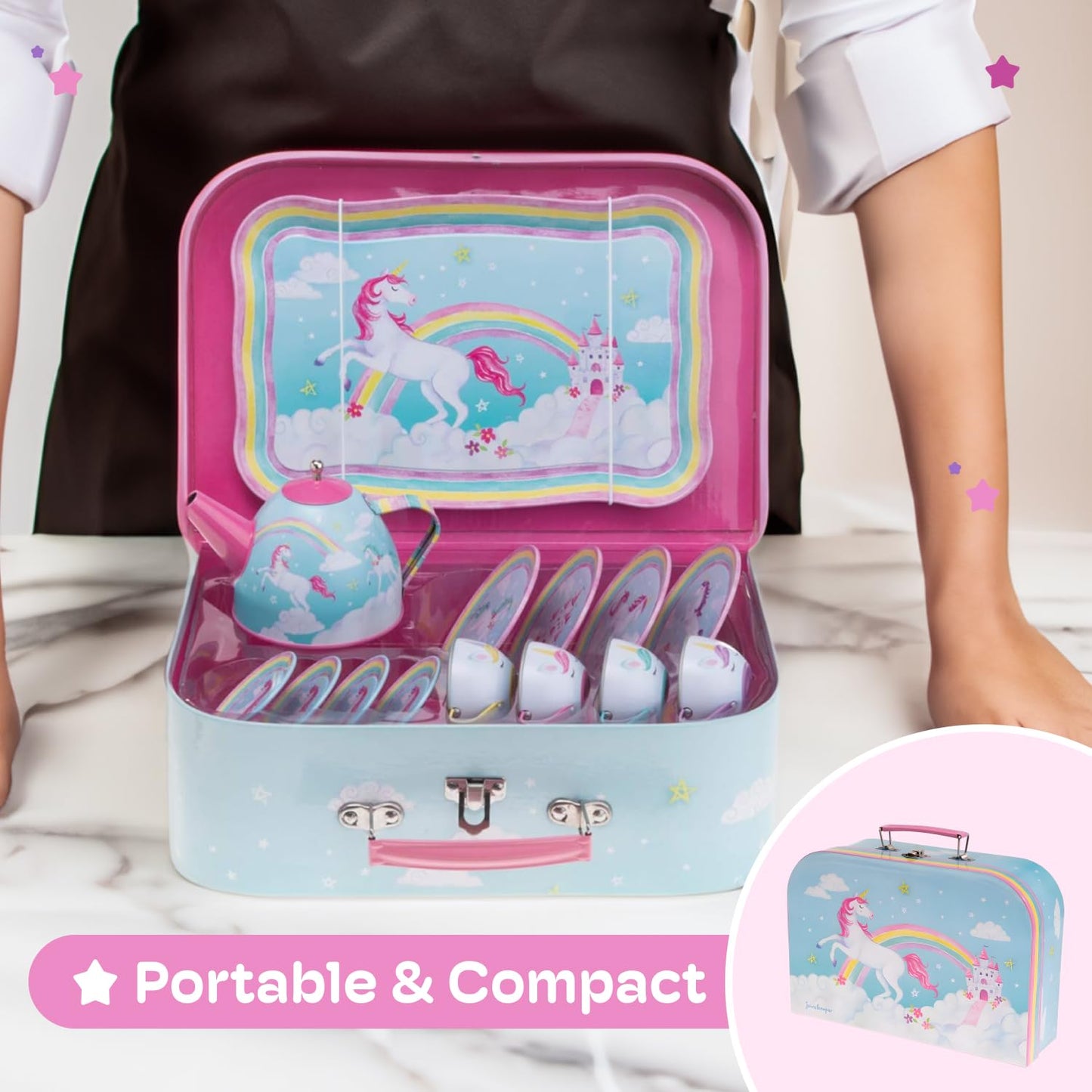 Jewelkeeper - Children's Tin Tea Set & Carry Case, Kids Pretend Play Kitchen Toy Dishes, 15-Pieces - Rainbow Unicorn Design