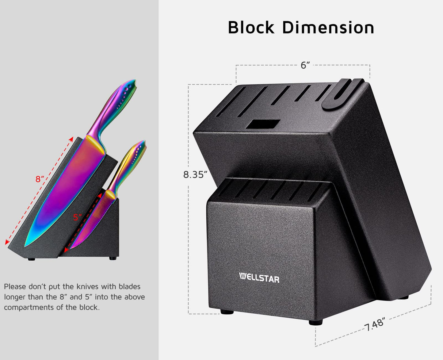 Knife block without knives, WELLSTAR Natural Wood Kitchen Knife Block without Knives – Hardwood Countertop Knife Storage with Built-In Knife Sharpener - Black