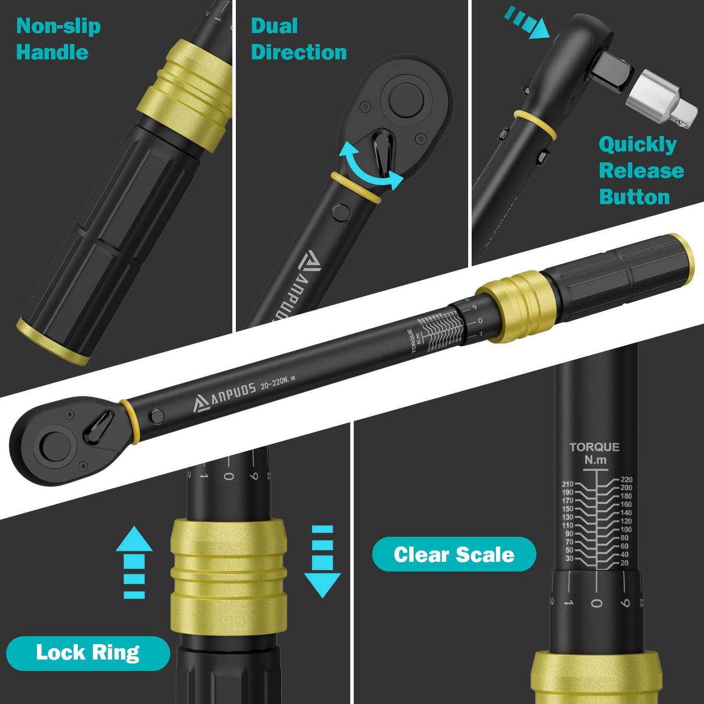 ANPUDS Torque Wrench 1/2", 20-220Nm Automotive & Motorcycle Torque Wrench 6-pc. Set with 125mm Extension Bar, 1/2"-3/8" Adapter, 3 Sockets 17mm 19mm 21mm, for Tire Replacement.