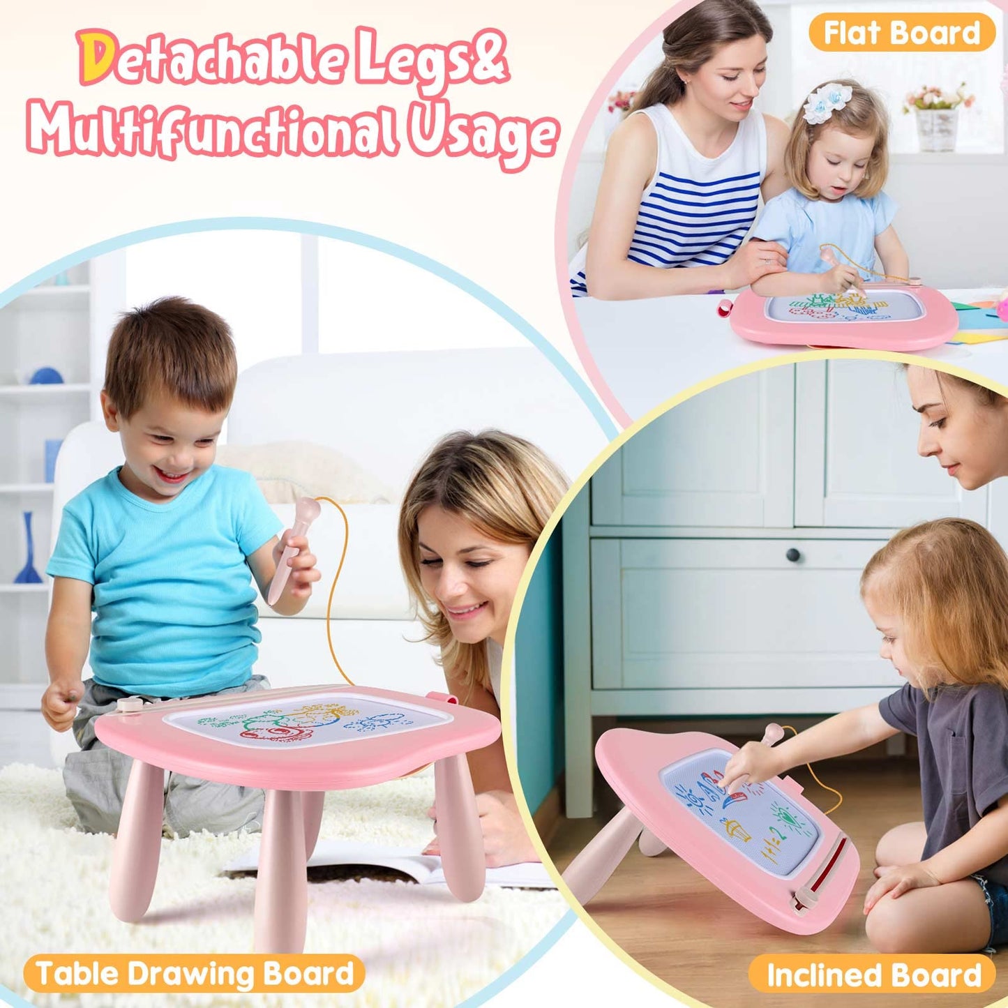 Smasiagon kids' toy for ages 1 and up, magnetic drawing board in colorful design with 4 legs, perfect gift for 1 2 3 year old girls and boys (pink)