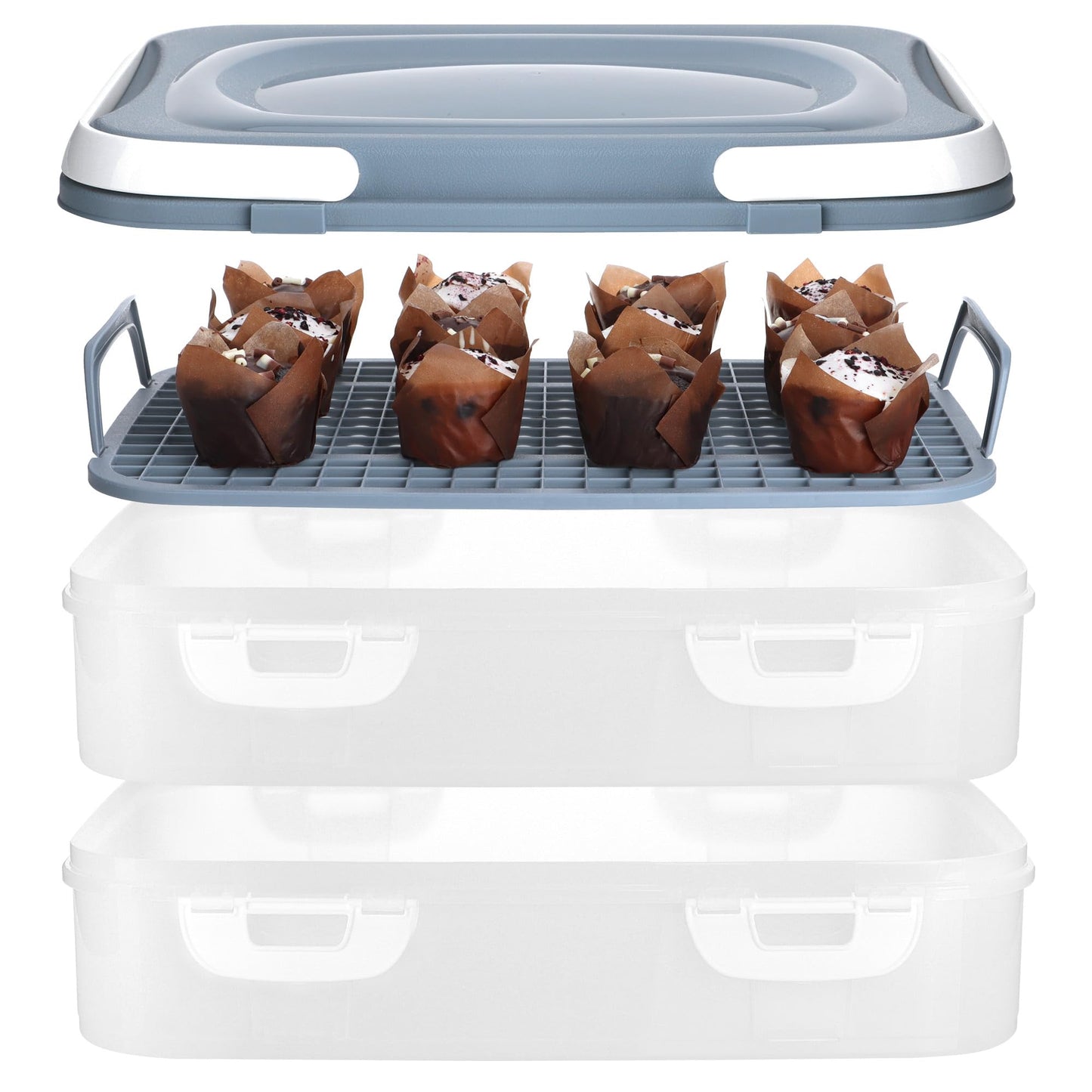 com-four® Party container with 2 levels and lifting insert - cake transport box - food freshness container - cake container with handles - muffin container (1 piece pastel blue-gray)