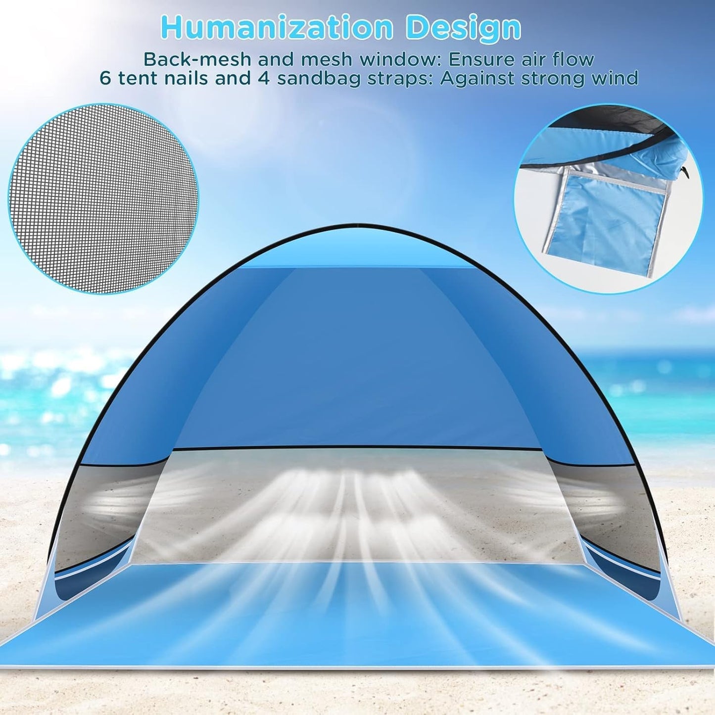 Beach tent Pop Up, Portable Extra Light Automatic Sun Shelter UPF 50+ for 3-4 people Family Sunshade Beach Camping, Hiking, Garden.