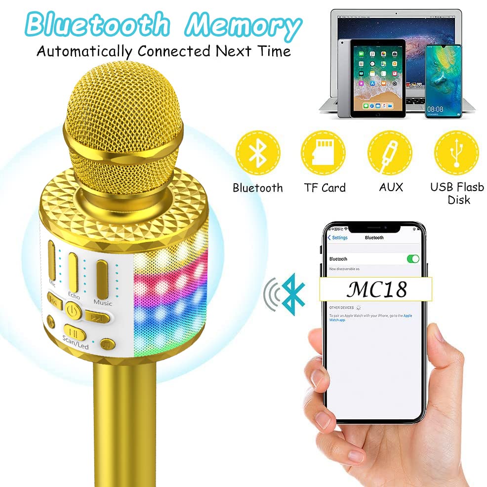 Microphone Karaoke for 3-15 years old, Portable Bluetooth handheld microphone with LED light, Bluetooth Karaoke for kids and adults, girls boys gifts, Home KTV Compatible Android IOS PC -Gold