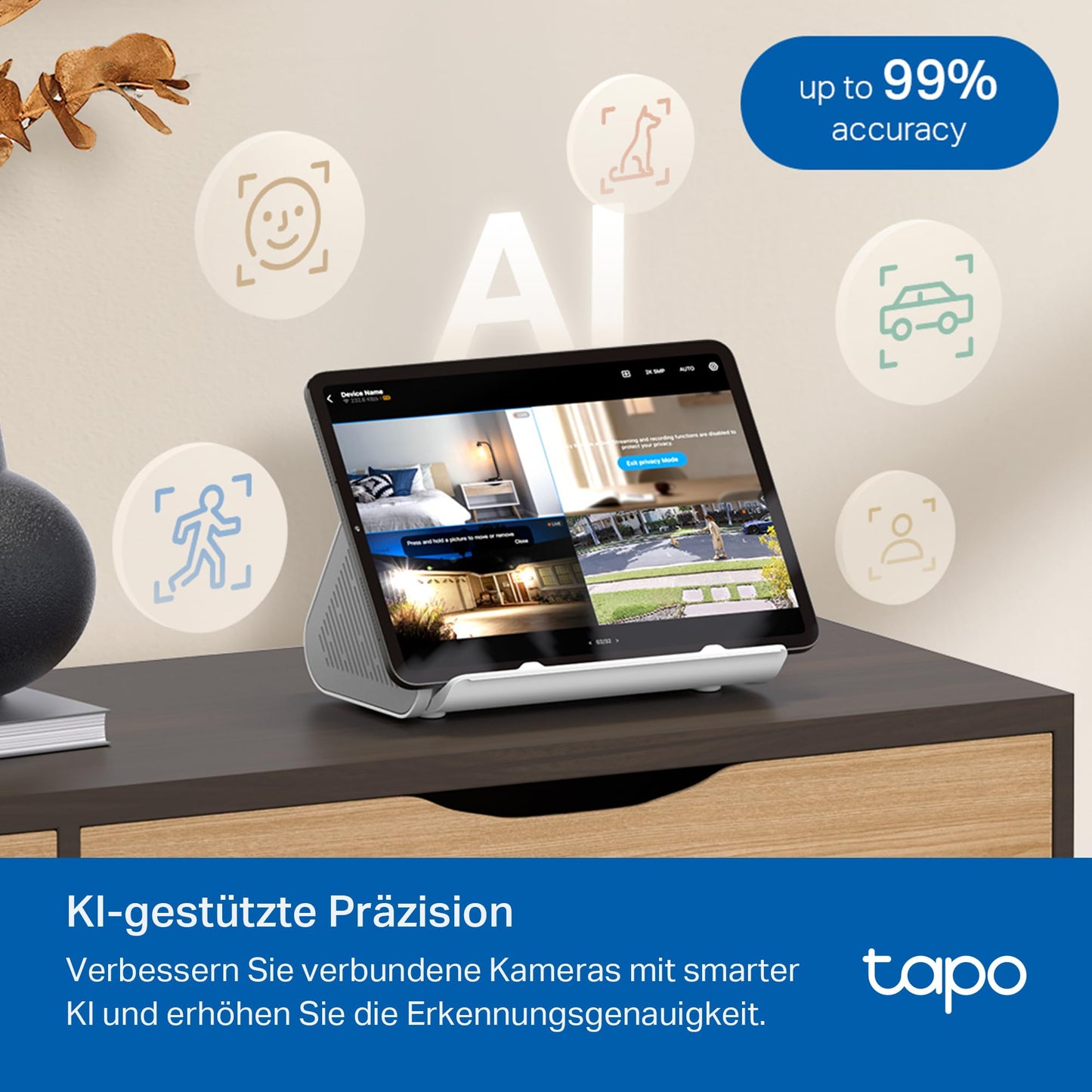 Tapo H500 HomeBase, 16GB built-in, expandable storage up to 16TB, supports 16 Tapo cameras & 64 sensors, local storage, HDMI, 5 GHz WLAN/Ethernet, built-in alarm, Matter compatible.