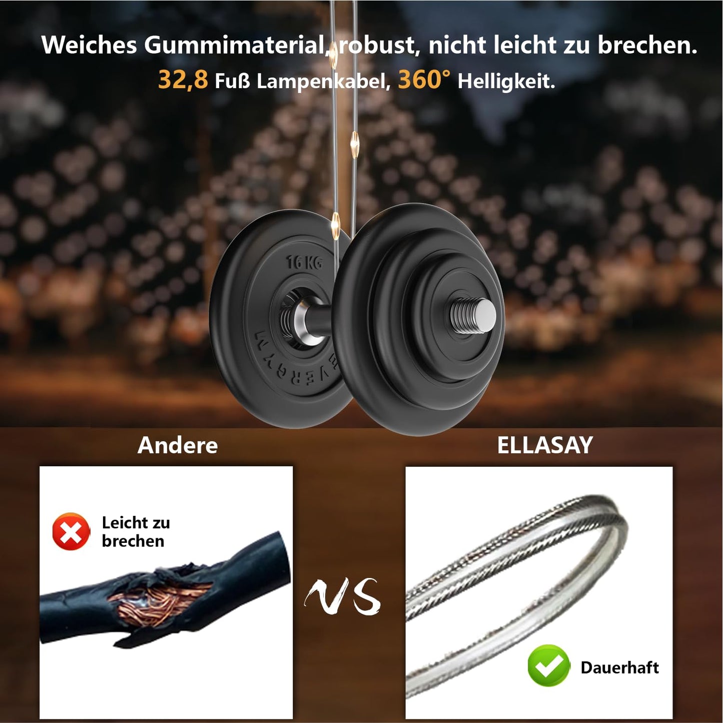 ELLASAY Camping String Lights, Outdoor String Lights with 5 Lighting Modes, 30s Recovery, Durable and Waterproof, USB Charging - 10M Portable Camping Lamp for Camping, Garden and Hiking