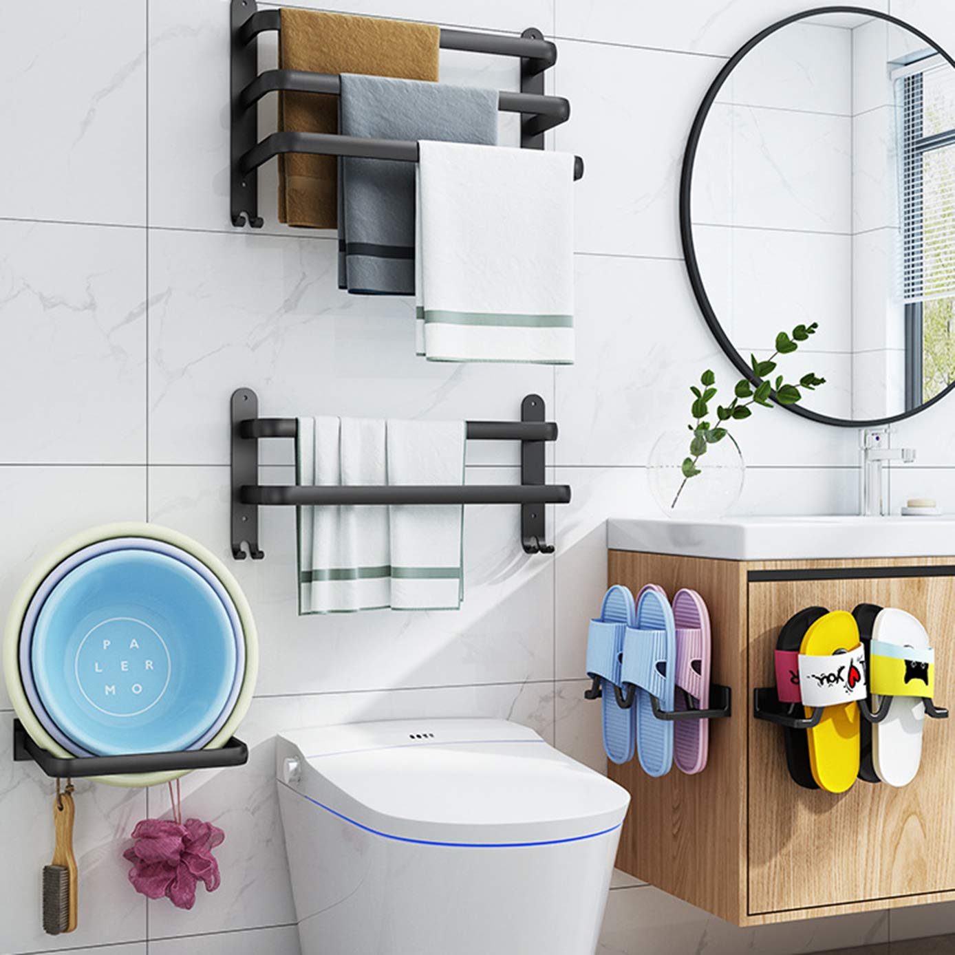 Bathroom towel holder, black matte towel rack with towel rods and hook design, wall-mounted towel holder, no drilling required (40cm, two bars)