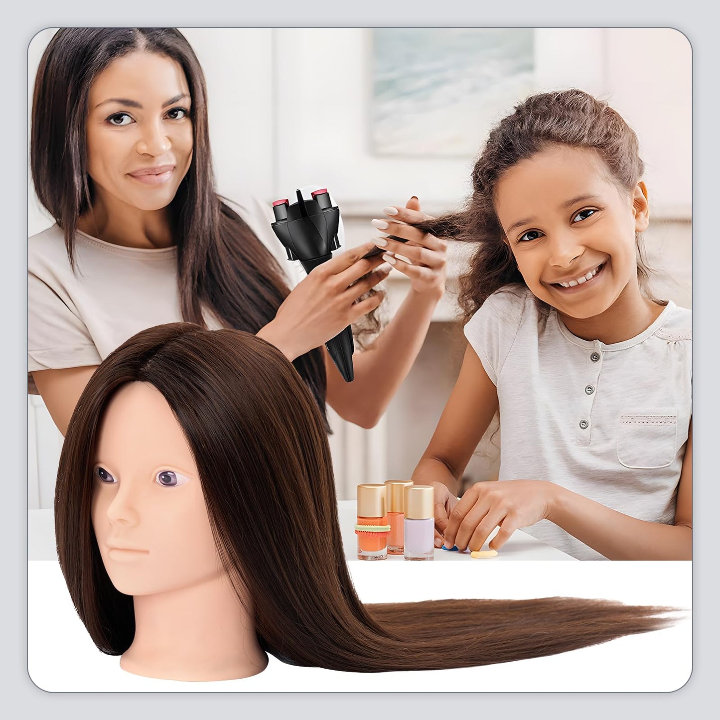Neverland training head with stand - 71cm, 60% real hair. Perfect for practicing hairstyling and makeup. Comes with table clamp and DIY braid hair set.