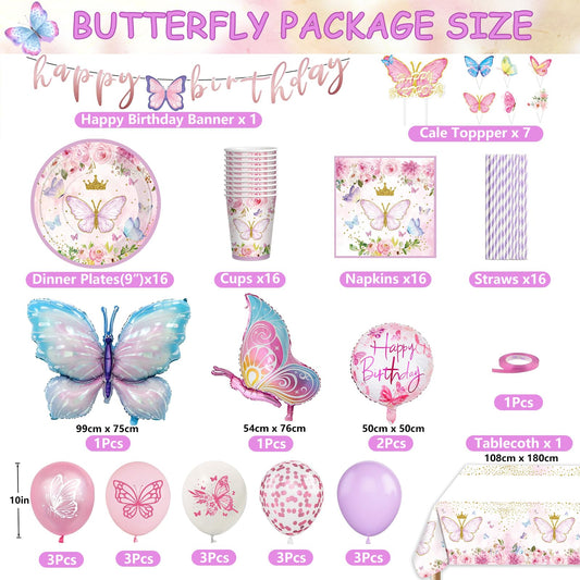 Butterfly party tableware set for birthday - decorations, balloons, paper plates, tablecloth for girls' party decoration - 16 guests