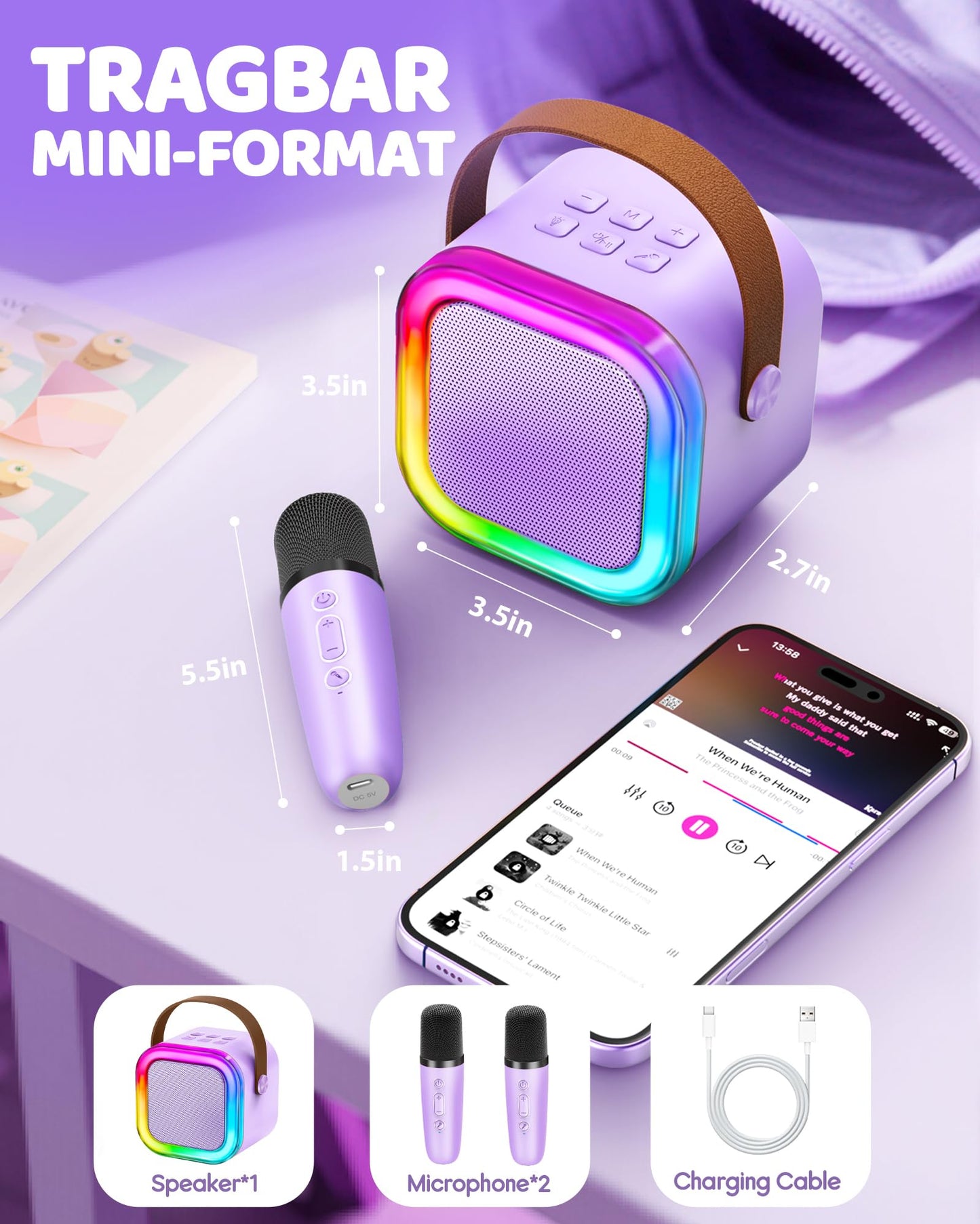 Karaoke Machine for Kids, Gift for Girls 3-12 Years, Karaoke Kids Toy for 3-12 Year Old Girls, Karaoke Machine with 2 Karaoke Microphones for Kids, Purple