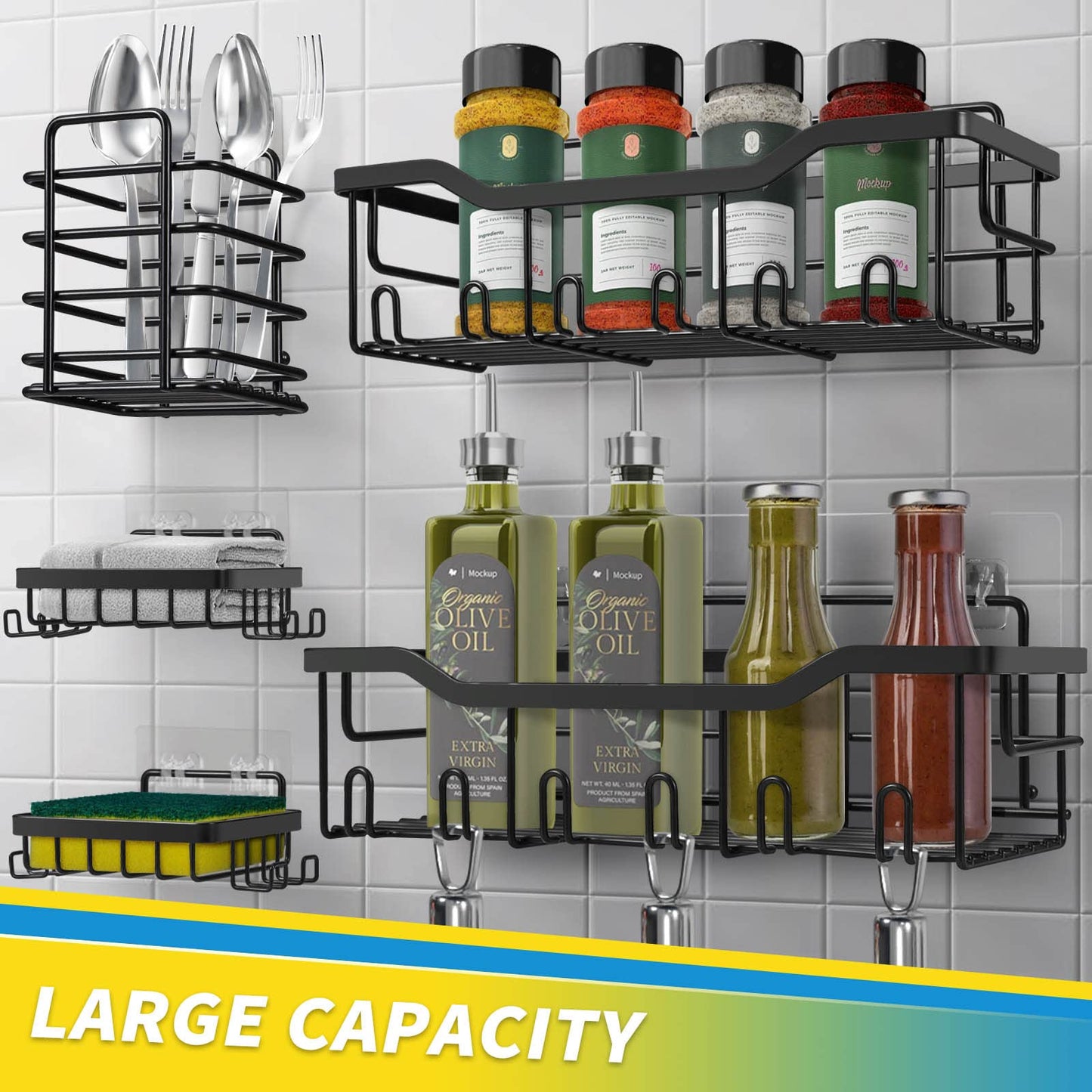 Shower Caddy Without Drilling, 5 Piece Bathroom Organizer, Shower Shelf Without Drilling, Black Bathroom Organizer Rack Made of SUS304 Stainless Steel, Bathroom Shelf Shower Caddy Shampoo Holder for Shower