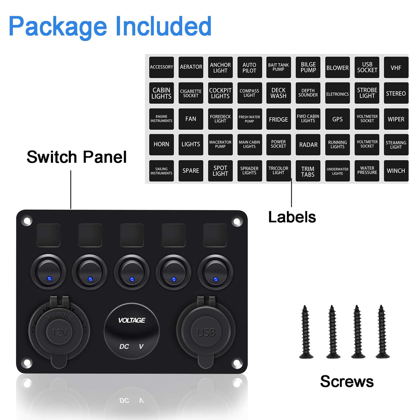 5-speed switch panel, 12V/24V toggle switch panel IP65 waterproof LED voltmeter dual USB socket charger for car boat marine RV truck camper vehicles (blue)