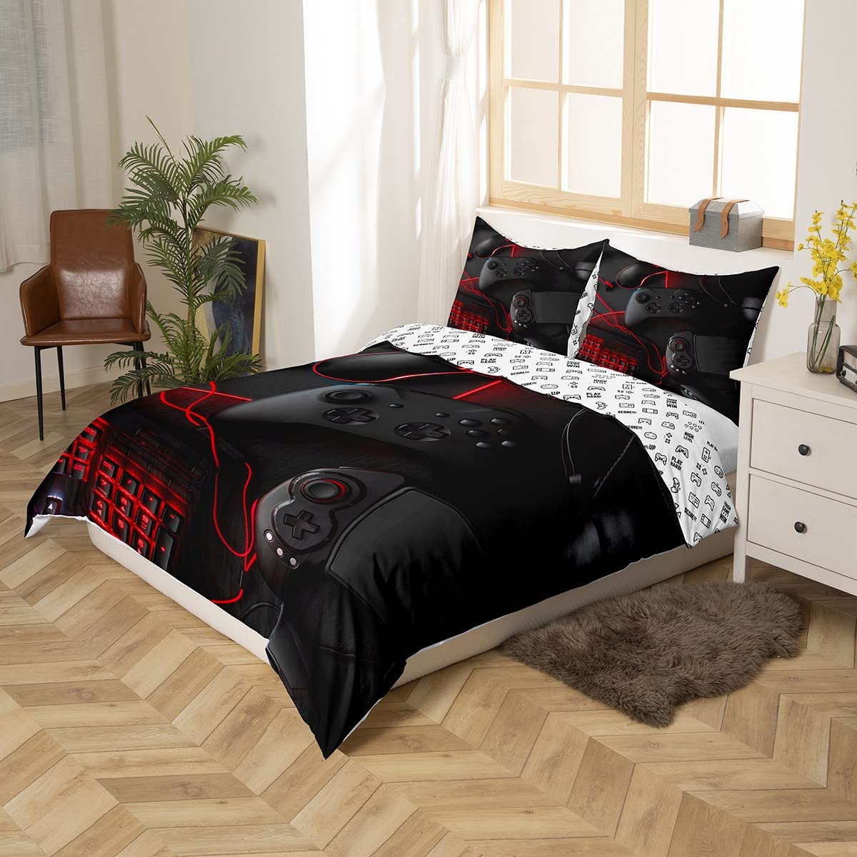 Loussiesd Black Gamepad Bedding 155x220cm Boys Teen Game Theme Duvet Cover Set Modern Game Controller Bedding Black Red Gamer Decorative Bedding Set Polyester for Kids Men