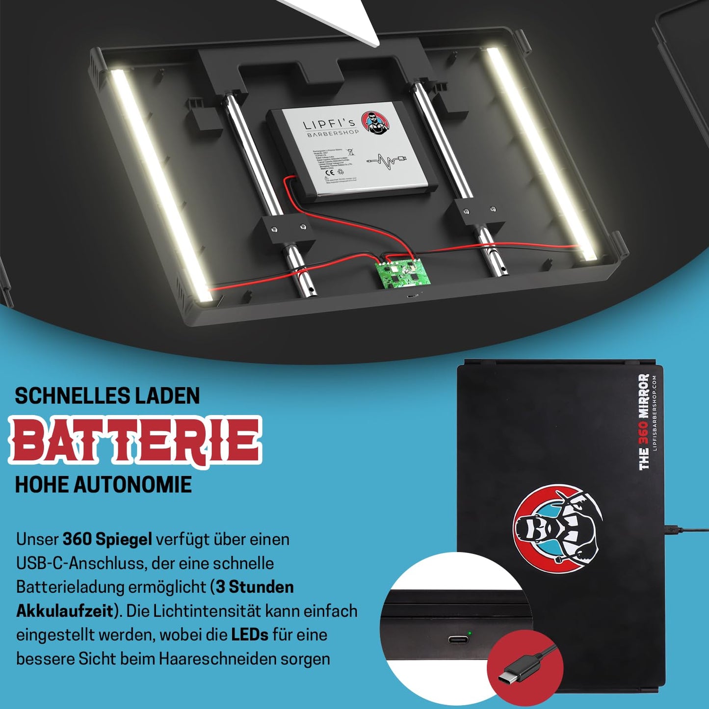 LIPFISBARBERSHOP.COM Portable Mini 360 Degree LED Mirror - Adjustable Hooks - Self-Haircut Mirror - Compact 3-Way Mirror for precise haircutting - Self-Haircut Mirror.