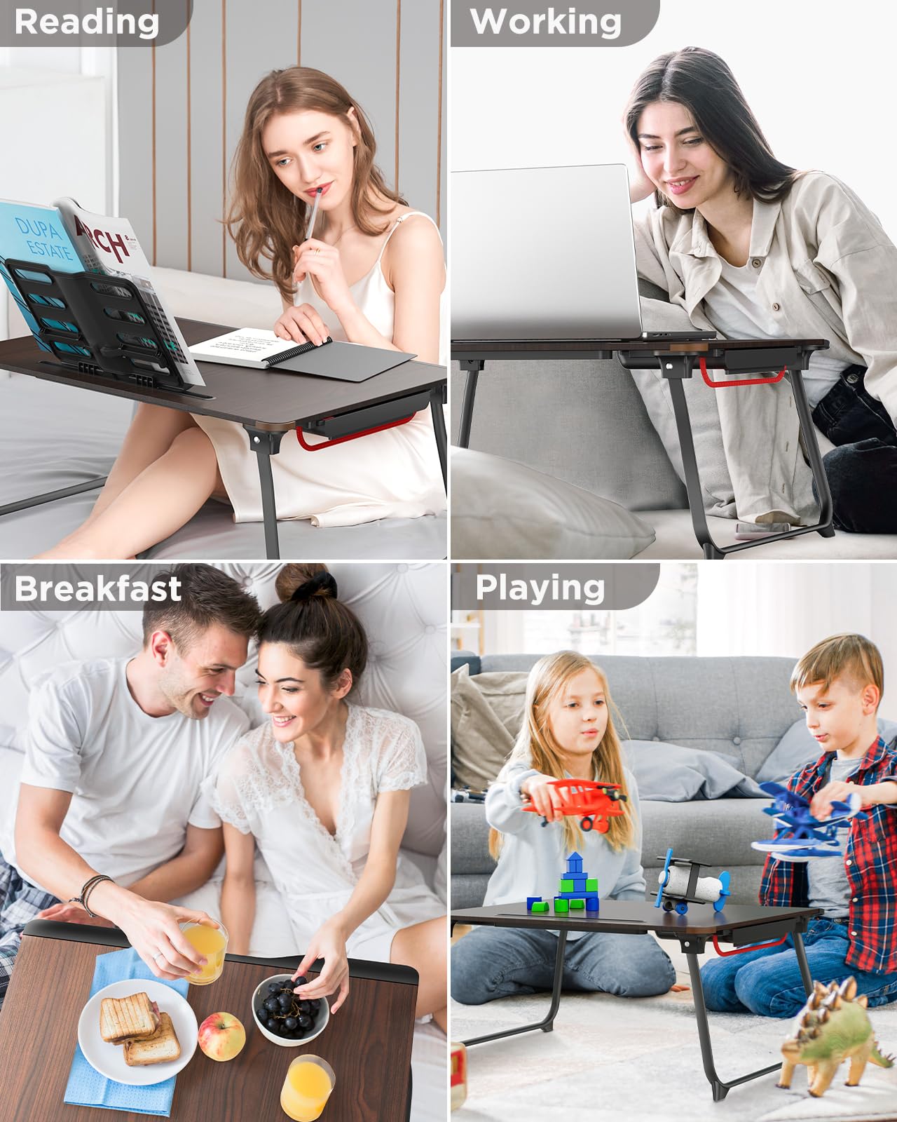 Laptop table for bed, SAIJI XXL folding bed table, for studying, eating, working, sofa, bed, with drawer, hand rest book stand, tablet phone stand (Black)