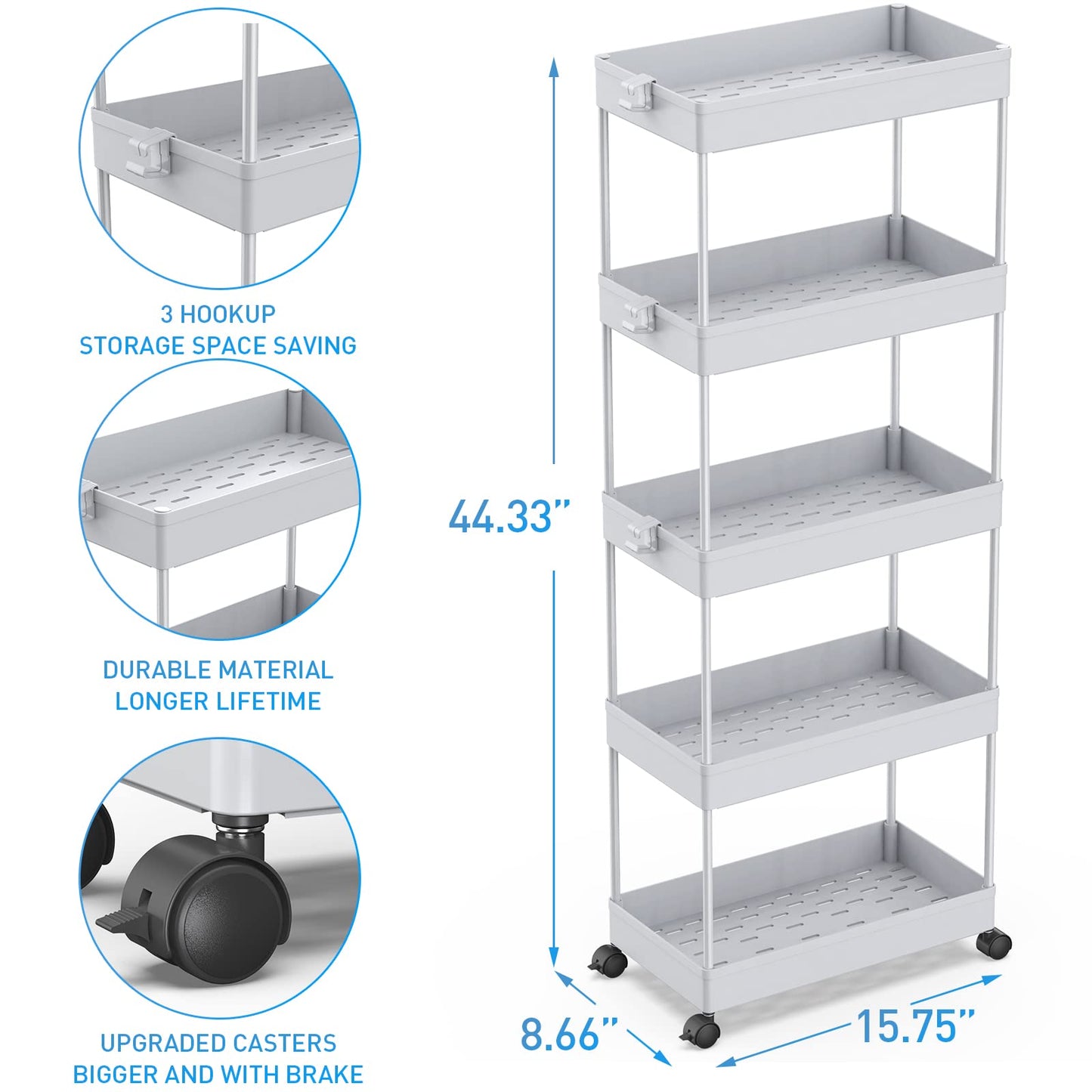SPACEKEEPER 5-Tier Kitchen Cart, Rolling Storage Cart Shelving Unit on Wheels, Space-Saving Bathroom and Kitchen Shelf for Kitchen Office Bathroom, 113 x 40 x 22cm, Gray.