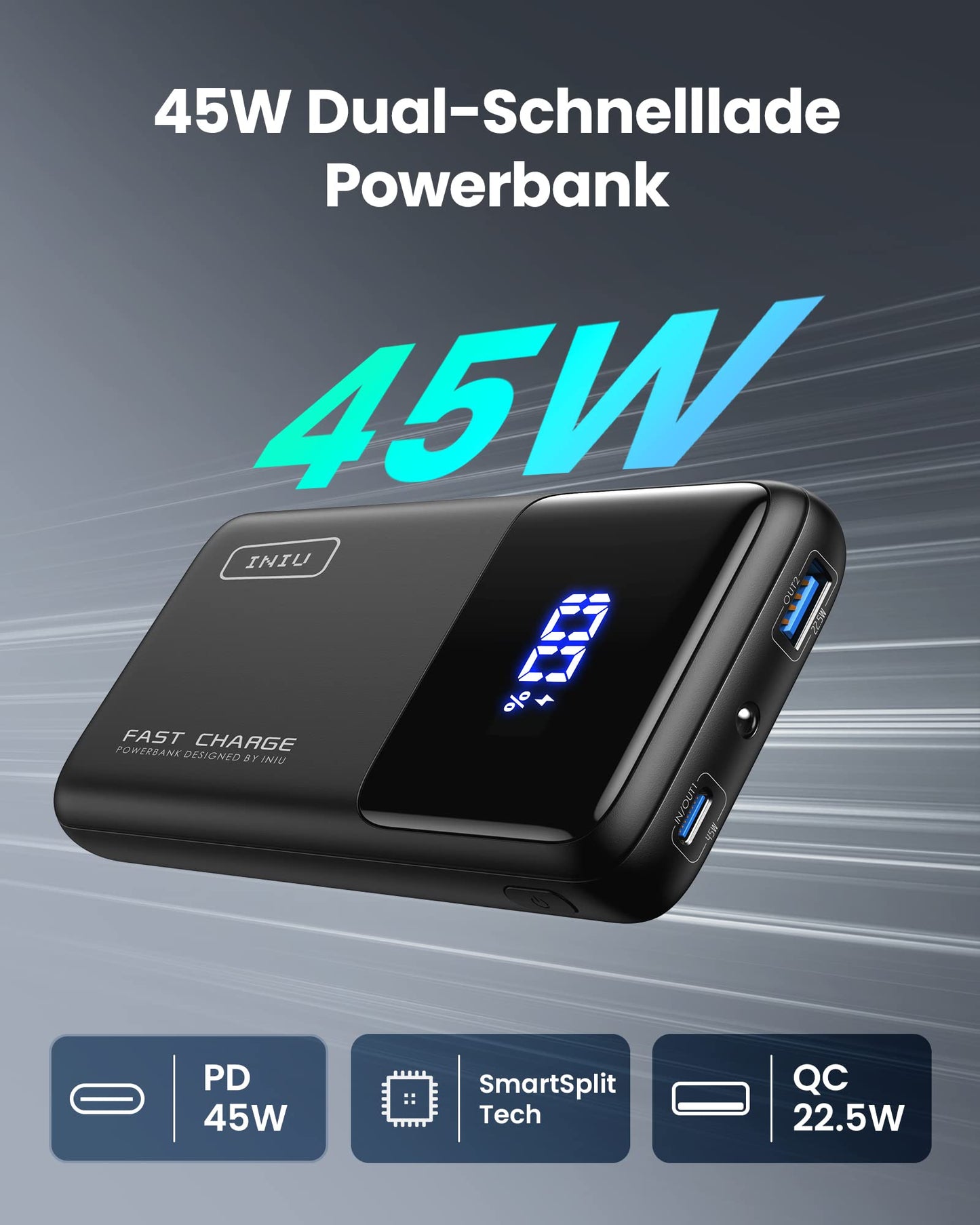 INIU Power Bank, 45W Fast Charging LED Display 15000mAh Portable Charger PD3.0 QC4.0, 3A Outputs Flashlight Phone Battery compatible with iPhone 15 14 13 Samsung Xiaomi Huawei Tablet