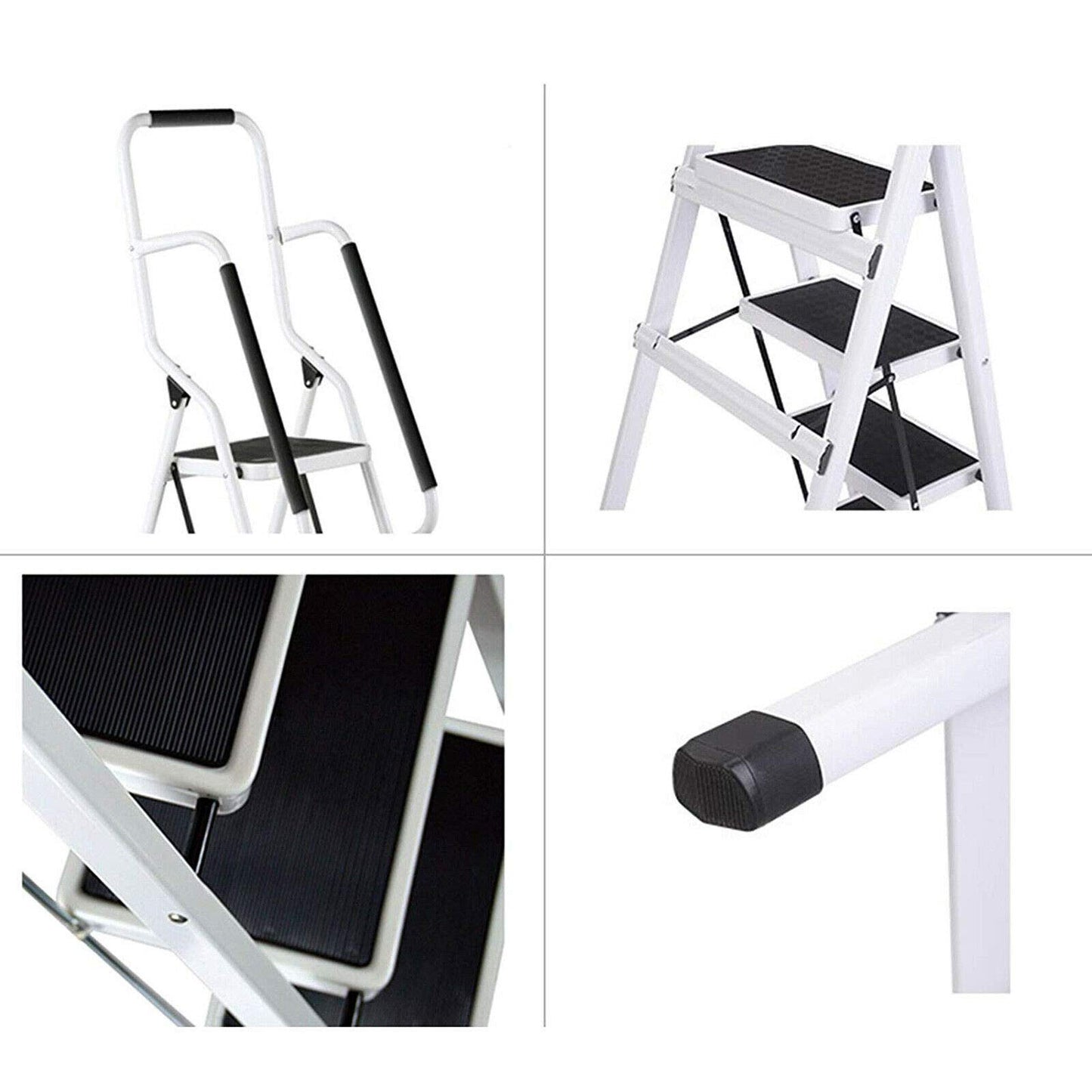 3-step folding step ladder with handrail. Compact, sturdy design features high-quality steel steps with non-slip treads for use at home, in the office, or in the kitchen.